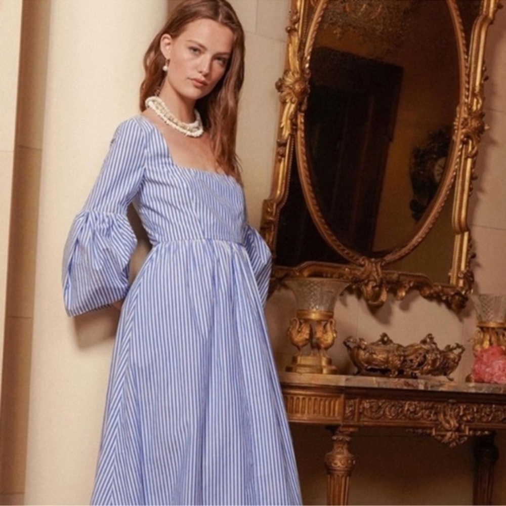 STAUD Blue White Striped Plumeria Long Dress Cottage Cotton‎ Size 00